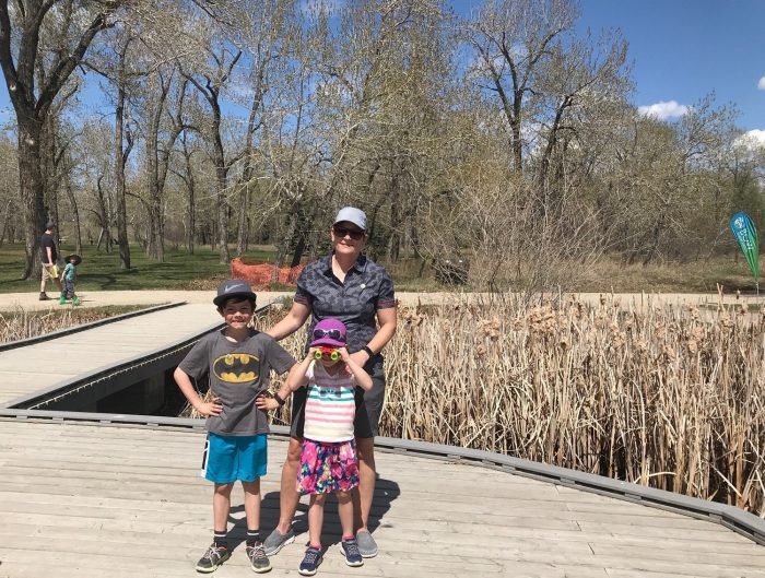 Kate Lagasse with her mom Jodi and brother Luke at DUC’s interpretive wetlands near Bow Habitat Station.